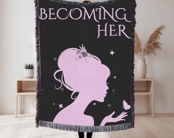 Midnight Black Woven Blanket: Woman & Butterfly Silhouette - Empowering Gift
