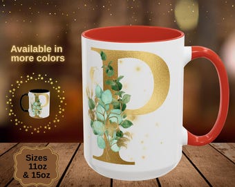 Gold Floral Monogram Mug – Personalized Initial 'P' Ceramic Cup
