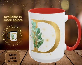 Mug fleuri doré à monogramme : lettre D personnalisée, tasse avec initiales personnalisées