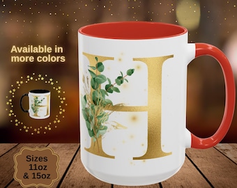 Gold Floral Monogram Mug - Personalized Letter 'H' Initial Ceramic Cup