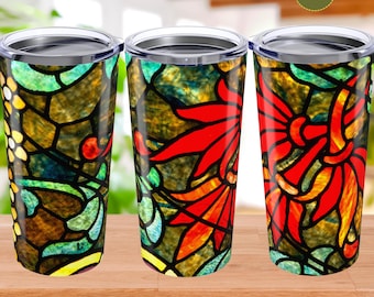 Stained Glass Floral Tumbler, 20oz Stainless Steel Insulated Cup, Vibrant Wraparound Art Mug