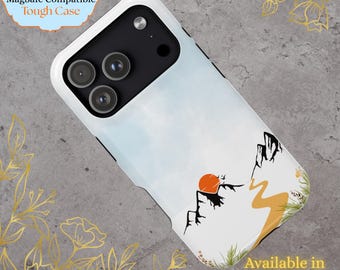 May include: White phone case with a mountain and sunset design. The case features a black mountain silhouette, an orange sun, and a winding yellow path. The text "Feminine Growth MagSafe Compatible Tough Case" is visible.