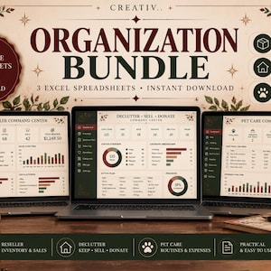 May include: A digital organisation bundle featuring three Excel spreadsheets displayed on three laptop screens. The screens show dashboards for a Reseller Command Centre, a Declutter, Sell, and Donate Command Centre, and a Pet Care Command Centre.