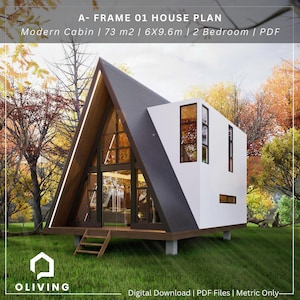 May include: A-frame cabin house plan with a modern design. The cabin has a black corrugated metal roof, large glass windows, and a white exterior. The text on the image reads: "Modern Cabin | 73 m2 | 6X9.6m | 2 Bedroom | PDF".