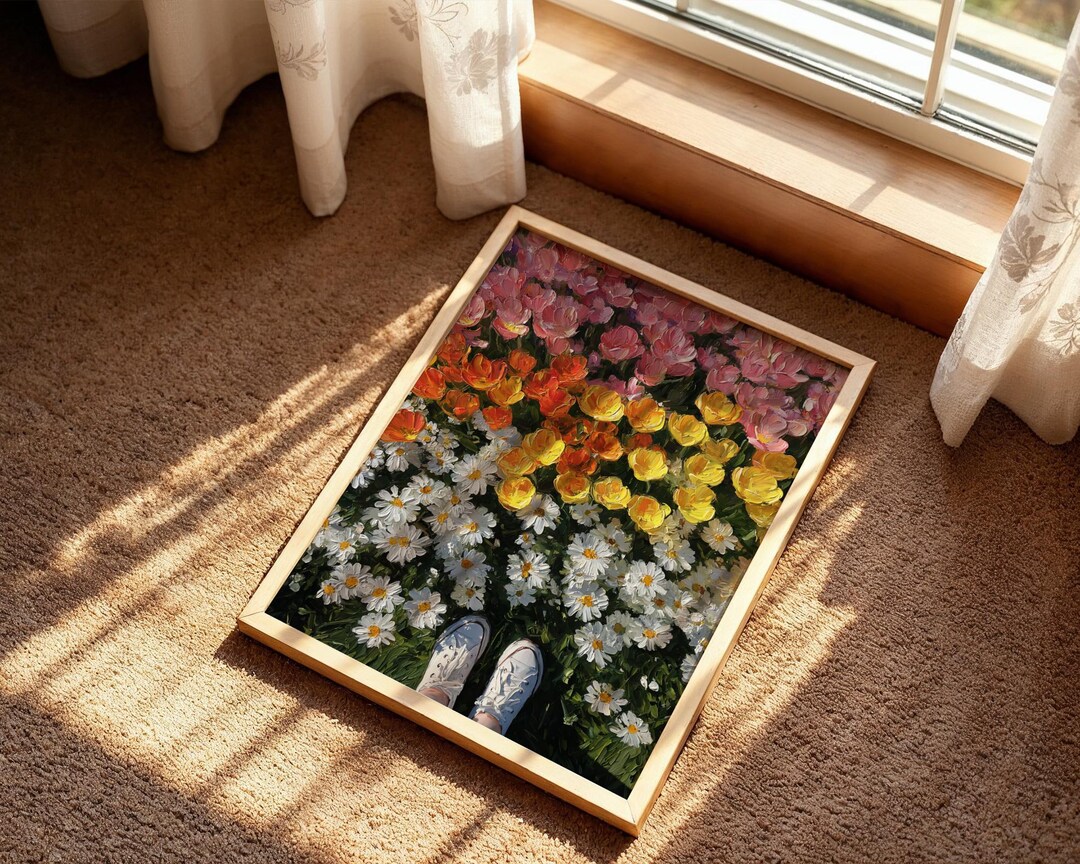 Colorful Flower Field Wall Art Decor, Tulip and Daisy Garden Digital ...