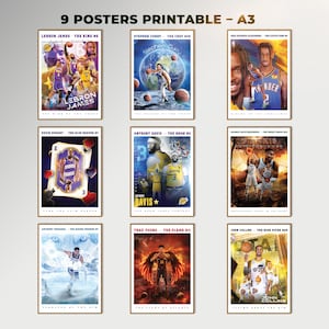 Könnte beinhalten: Neun druckbare A3-Poster mit Basketballspielern LeBron James, Stephen Curry, Kevin Durant, Anthony Davis, Giannis Antetokounmpo, Anthony Edwards, Trae Young und John Collins. Jedes Poster hat ein einzigartiges Design.