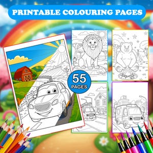May include: A set of printable colouring pages with illustrations of a car, lion, bear, and ambulance. The image includes a set of coloured pencils and the text "PRINTABLE COLOURING PAGES" and "55 PAGES".