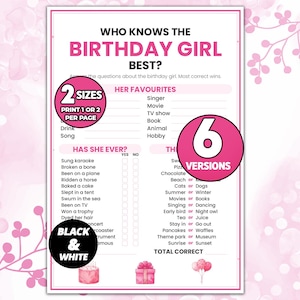 Puede incluir: Una hoja de juego de fiesta de cumpleaños imprimible titulada Who Knows The Birthday Girl Best? con secciones para favoritos, preguntas y opciones. El papel blanco tiene bordes rosas e incluye ilustraciones de un pastel, un regalo y globos.