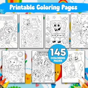 Pode incluir: Uma coleção de páginas para colorir imprimíveis com ilustrações em preto e branco de vários personagens de desenhos animados, incluindo uma tartaruga em patins, um gato e um rato, uma esponja, um dragão, um elefante e tartarugas.