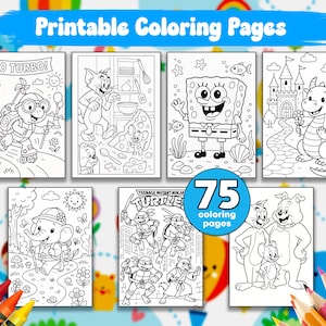 May include: A collection of 75 printable colouring pages featuring black and white line art illustrations of various cartoon characters, including a turtle on roller skates, a cat and mouse, a sponge character, a dragon, an elephant, and turtles.