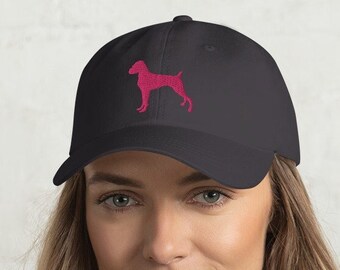 Boxer Lover Gorra de béisbol / Sombrero Boxer / Silueta de boxer rosa con orejas naturales y flexibles bordadas en un sombrero gris oscuro