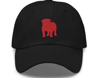 English Bulldog Hat | Bulldog Baseball Cap | Red Bulldog on Adjustable Black Dad Hat | Bulldog Silhouette Hat