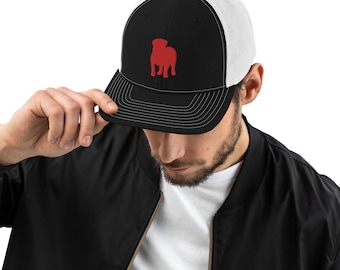 Red Bulldog Embroidered on Black & White Richardson 112 Trucker Cap | Bulldog Lover | Bulldog Silhouette Hat