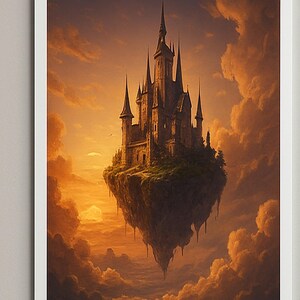 May include: A digital art print depicting a castle floating in the sky. The castle is dark with tall spires, set against a warm, orange sunset. The castle sits on a rocky island surrounded by fluffy clouds.