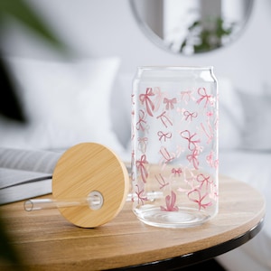 Pink Bow Iced Coffee Cup: 16oz Tempered Glass Sipper