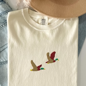Flying mallard ducks embroidered Comfort Colors T-Shirt: Cozy nature gift tee, duck hunting, outdoors wear, camping, hunter gift