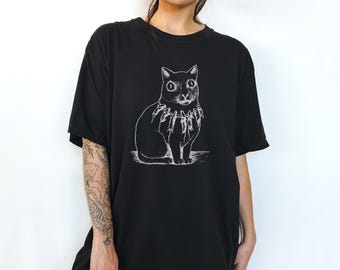 Dark Academia Cat Shirt, Gothic Comfort Colors Tee, Medieval Folk Horror Art, Whimsigoth Cat with Rat Necklace, Vintage Woodcut Graphic