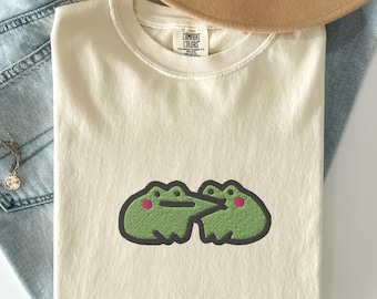 Cute Frog Pair Shirt with Embroidery, Whimsical Embroidered Frogs Tee for Cottagecore Lovers