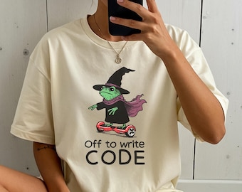 面白いプログラマーTシャツ：カエルの魔法使いがコードを書く、コンピュータサイエンス専攻、ソフトウェアエンジニアのユーモア、皮肉屋のプログラマー