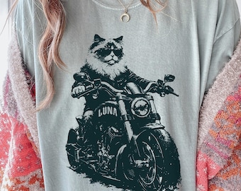 Custom Name Ragdoll Cat On Motorcycle Shirt, Funny Cat Biker Tee, Personalized Pet Gift For Cat Lovers, Nerdy Rider Graphic Tshirt