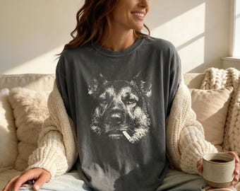Smoking German Shepherd T-Shirt - Vintage Y2K Grunge GSD Graphic Tee, Funny Dog Face T, Comfort Colors Meme, GSD Mom Dad Gift