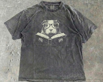 Guinea Pig Reading Book T Shirt Comfort Colors Vintage Style Distressed Graphic Tee for Book Lovers Bookworm Gift