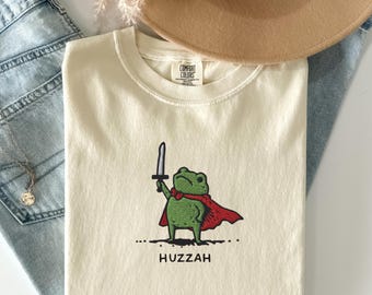 Huzzah Frog with Sword Medieval Embroidered T-Shirt: Funny Toad Renaissance Faire Cute Gift Tee - Whimsical Frog Knight Embroidery