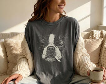 Smoking Boston Terrier T-Shirt - Vintage Y2K Grunge Boston Dog Graphic Tee, Funny Dog Face T, Comfort Colors Meme, Boston Mom Dad Gift