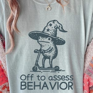 Könnte beinhalten: Hellblaues T-Shirt mit einer Illustration eines Frosches mit Zaubererhut, der einen Roller fährt. Der Text "Off to assess BEHAVIOR" ist darunter gedruckt. Das T-Shirt besteht aus weichem Material.