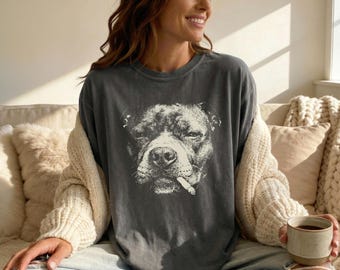 Smoking Pitbull T-Shirt - Vintage Y2K Grunge Pittie Graphic Tee, Funny Dog Face T, Comfort Colors Meme, Pittie Mom Dad Gift