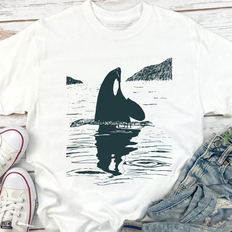 Orca Sea T-shirt – Killer Whale Ocean Lover Tee, Nature Linocut Graphic ...