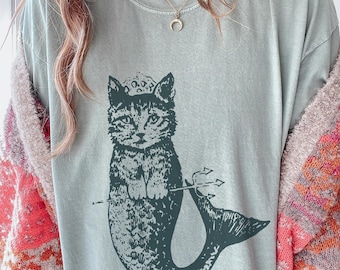 Vintage Mercat Shirt, Whimsigoth Cat Mermaid Comfort Colors Tee, Dark Academia Art, Surreal Gothic Purrmaid, Mythical Creature Gift