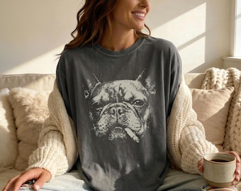 Smoking French Bulldog T-Shirt - Vintage Y2K Grunge Frenchie Graphic Tee, Funny Dog Face T, Comfort Colors Meme, Frenchie Mom Dad Gift