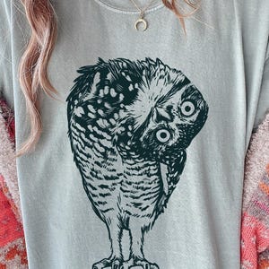 Puede incluir: Camiseta gris claro con una ilustración detallada de un búho con ojos grandes y patrones de plumas intrincados. El búho está representado en una pose única, con la cabeza girada. Parte de una colección de ropa.