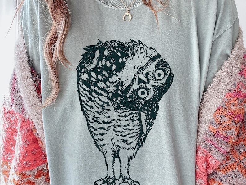 Puede incluir: Camiseta gris claro con una ilustraci&oacute;n detallada de un b&uacute;ho con ojos grandes y patrones de plumas intrincados. El b&uacute;ho est&aacute; representado en una pose &uacute;nica, con la cabeza girada. Parte de una colecci&oacute;n de ropa.