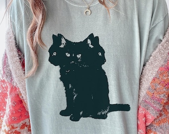 Two Headed Cat Tee – Spooky Black Kitty Shirt, Witchy Surreal Cat Illustration, Occult Feline Art for Gothic Lovers