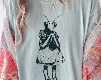 Mantis Girl Shirt Surreal Insect In Dress Graphic Tee Weird Bug Lover Gift Nature Inspired Vintage Art Shirt Whimsical Creature Tee