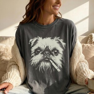 Brussels Griffon Smoking T-Shirt - Funny Grumpy Dog Cigarette Tee, Vintage Griffon Dog Lover Shirt