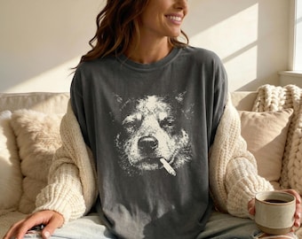Smoking Blue Heeler T-Shirt - Vintage Y2K Grunge Australian Cattle Dog Graphic T, Funny Dog Face T, Comfort Colors Meme, Heeler Mom Dad Gift