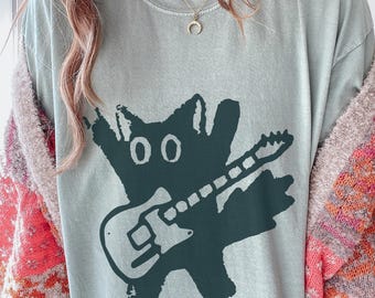 Rockstar Cat Shirt, Grunge Punk Band Tee Aesthetic, Abstract Guitar Comfort Colors, Indie Music Lover Gift, Quirky Animal Graphic