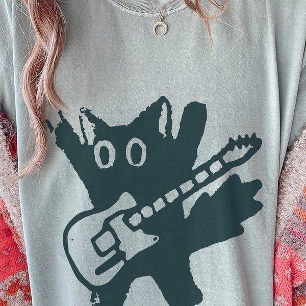 Koszulka z kotem Rockstar, estetyczna koszulka zespołu grunge punk, abstrakcyjne kolory gitary, prezent dla miłośnika muzyki indie, oryginalna grafika ze zwierzętami