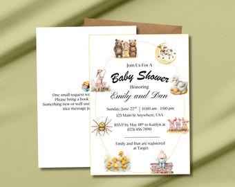 May include: Baby shower invitation featuring watercolour animal illustrations, such as bears, ducks, and pigs. The invitation includes the text "Join Us For A Baby Shower Honoring Emily and Dan" with event details and RSVP information.