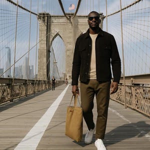 May include: A man wearing a black jacket, tan shirt, and olive-green pants walks on a wooden bridge, carrying a tan tote bag. He wears white sneakers and sunglasses. The Brooklyn Bridge and the American flag are visible in the background.