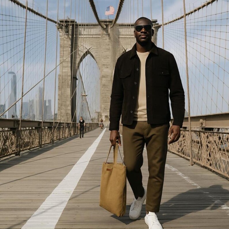 May include: A man wearing a black jacket, tan shirt, and olive-green pants walks on a wooden bridge, carrying a tan tote bag. He wears white sneakers and sunglasses. The Brooklyn Bridge and the American flag are visible in the background.