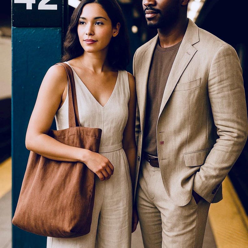 May include: A woman in a cream-colored jumpsuit and a brown tote bag stands next to a man in a tan suit. The woman's tote bag is a solid brown color. The man is wearing a brown t-shirt under his suit. The background is a subway station.
