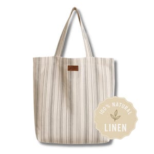 100% Natural Linen Tote Bag - Everyday Reusable Shopping Bag White Gray