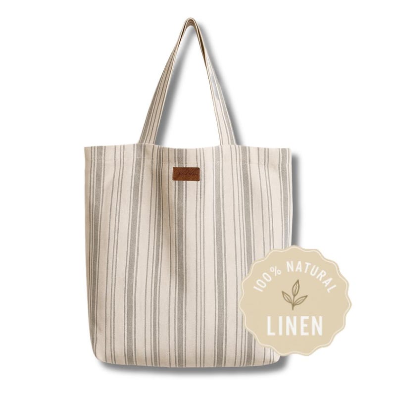 100% Natural Linen Tote Bag - Everyday Reusable Shopping Bag White Gray