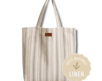 Striped French Linen Tote, Natural Washable Market Bag, Eco-Friendly Shoulder Bag
