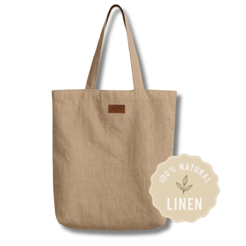 100% Natural Linen Tote Bag - Everyday Reusable Shopping Bag Beige
