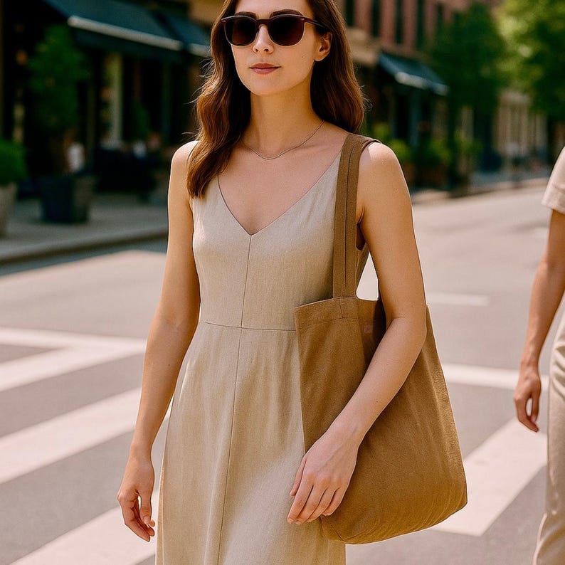 May include: A woman wearing a beige V-neck dress and sunglasses, carrying a brown tote bag. The background shows a city street with crosswalks and buildings. The dress has a simple, elegant design.